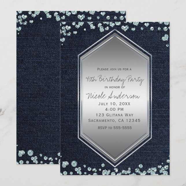 Invitation Denim Diamonds Silver Hearts Anniversaire fête (Devant / Derrière)