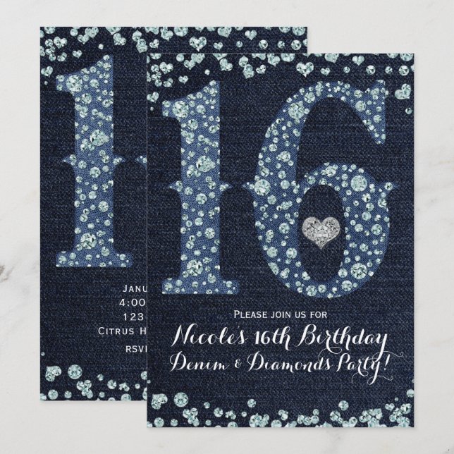 Invitation Denim & Diamonds Sweet 16 16e fête d'anniversaire (Devant / Derrière)