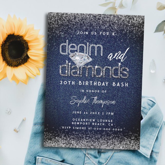 Invitation Denim Diamonds Typographie Chic 30e fête d'anniver (elegant denim diamonds 30th birthday party invitation for women rhinestones frosting classy modern)