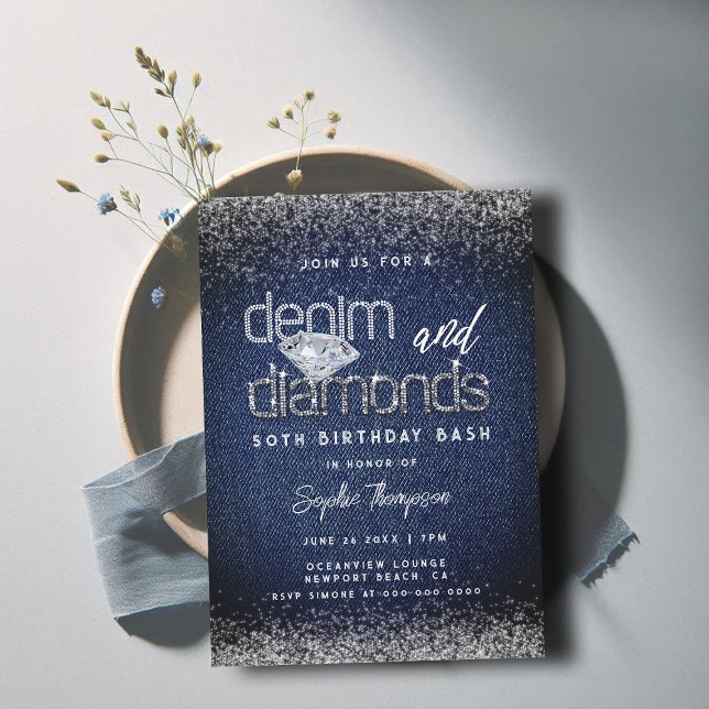 Invitation Denim Diamonds Typographie Chic 50e fête d'anniver (denim diamonds 50th birthday invitation for women elegant classy bling queen dramatic)