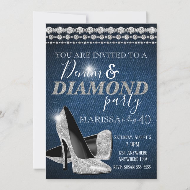 Invitation Denim et Diamond Anniversaire Party, élégant, talo (Devant)