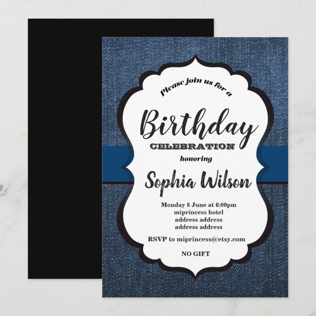 Invitation Denim, fête d'anniversaire (Devant / Derrière)