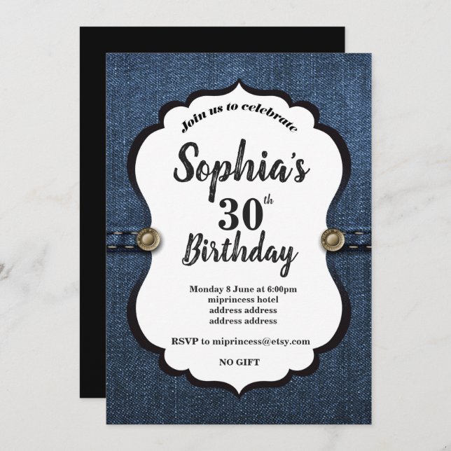 Invitation Denim, fête d'anniversaire (Devant / Derrière)