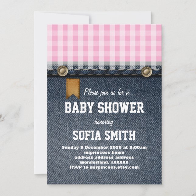 Invitation denim, jean bleu, cowboy, baby shower occidental (Devant)