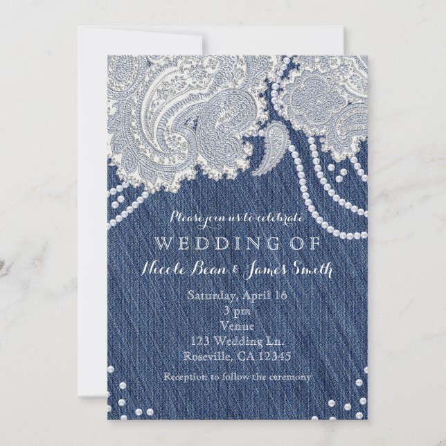 Invitation Denim Jean Pearls & White Paisley Lace Mariage (Devant)