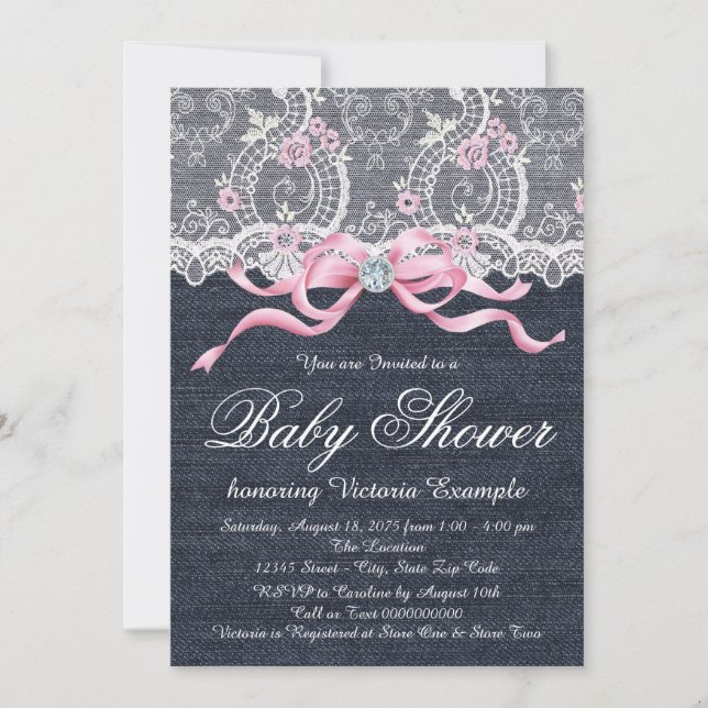 Invitation Denim Lace Diamond Bow Baby shower (Devant)