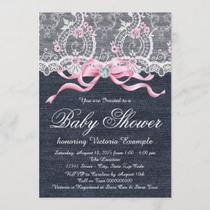 Invitation Denim Lace Diamond Bow Baby shower