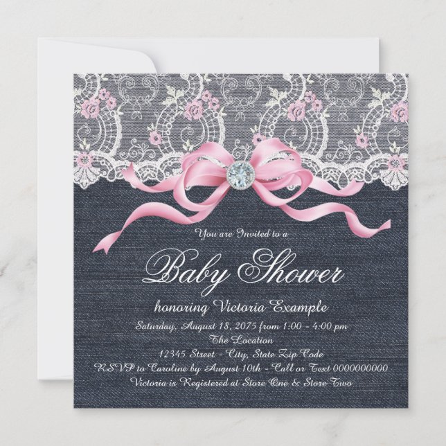 Invitation Denim Lace Diamond Bow Baby shower (Devant)