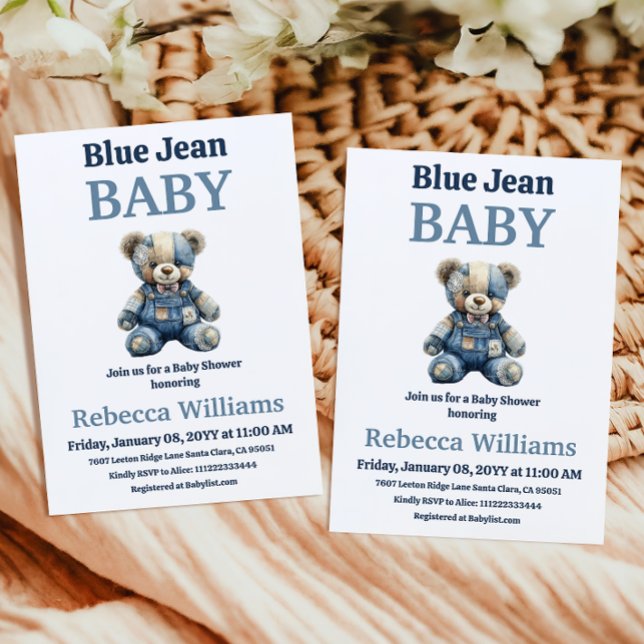 Invitation Denim Patchwork Bear Boy Blue Jean Baby Shower (Créateur téléchargé)