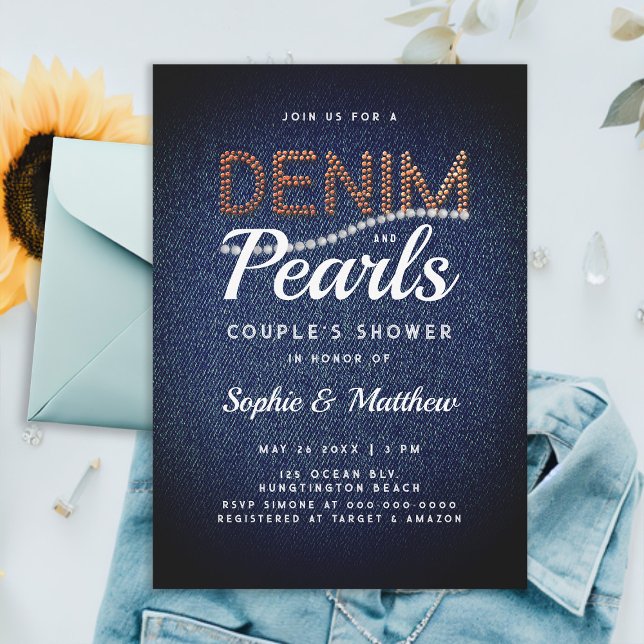 Invitation Denim Pearls Couple Wedding shower Élégant Rustiqu (denim and pearls couple wedding shower invitation elegant rustic chic blue brown jeans white classy)
