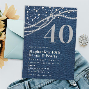 Invitation Denim Pearls Élégante fête moderne 40e anniversair
