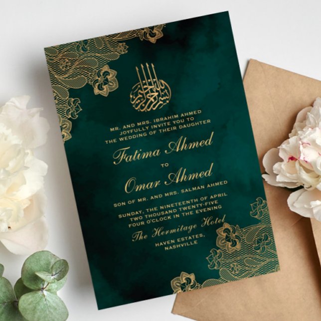 Invitation Dentelle à huile d'or Vert Mariage musulman musulm (Créateur téléchargé)