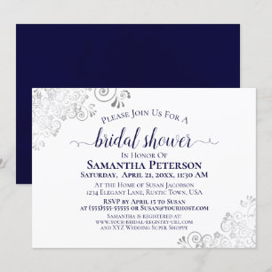 Invitation Dentelle argentée Marine Bleu Élégante Fête des ma