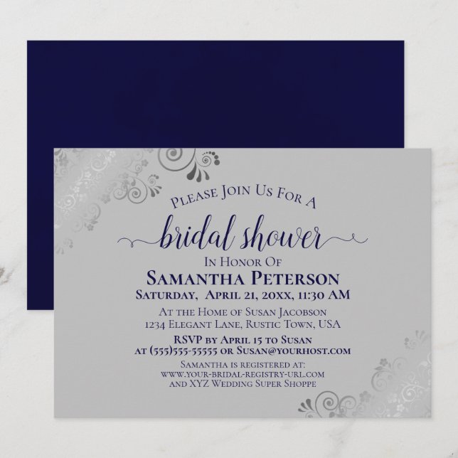 Invitation Dentelle argentée Marine Bleu & Gris Elégante Fête (Devant / Derrière)