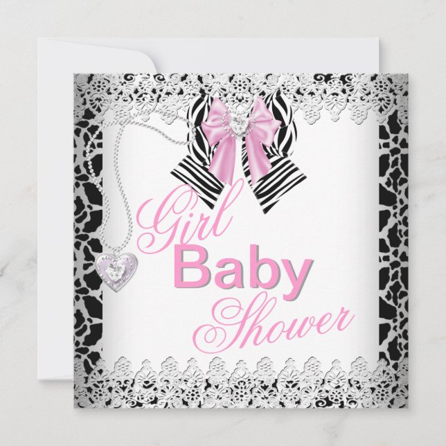 Invitation Dentelle Baby shower fille rose Zebra (Devant)