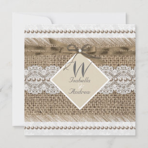 Invitation Dentelle beige Mariage rustique Burlap Pearl Blanc