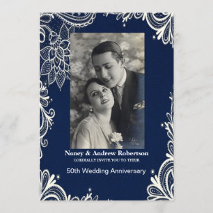 Invitation dentelle blanche bleu marine 50e anniversaire mari
