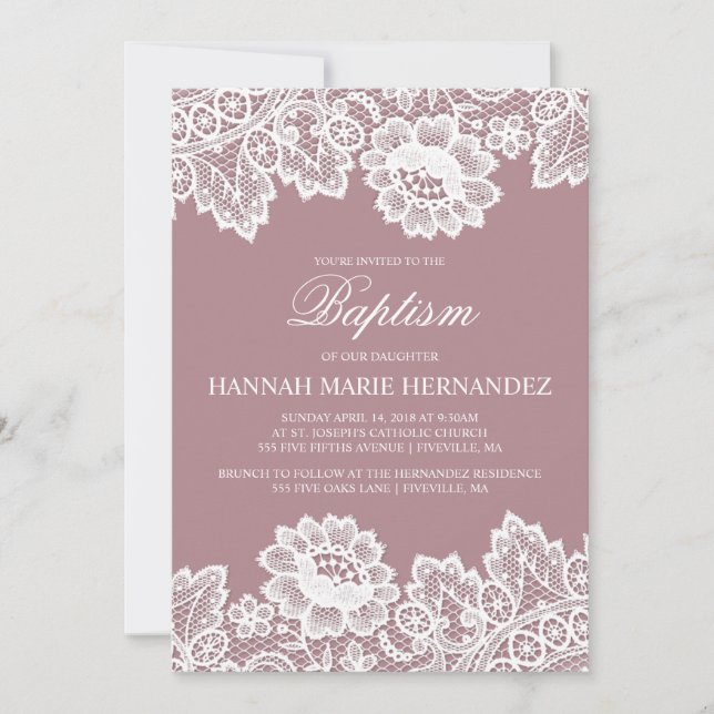 Invitation Dentelle blanche Couleur personnalisée Baptême Inv (Devant)