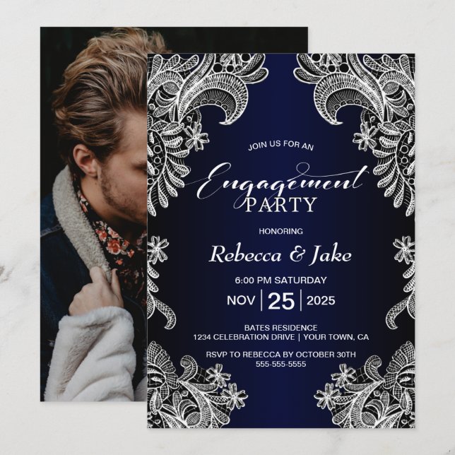 Invitation Dentelle blanche de la partie d'engagement (Devant / Derrière)