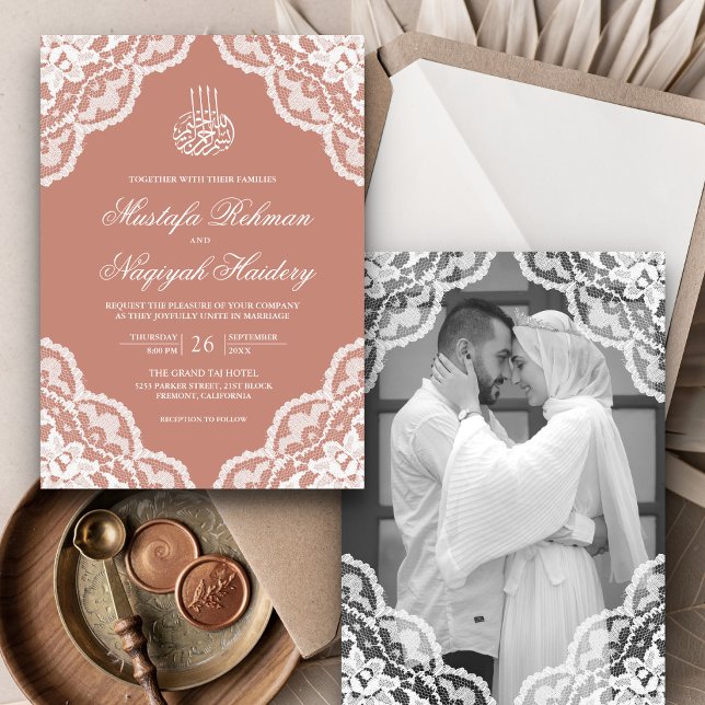 Invitation Dentelle blanche Dusty Peach Mariage musulman Phot (Créateur téléchargé)