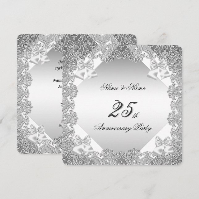 Invitation Dentelle blanche en argent du 25e anniversaire (Devant / Derrière)