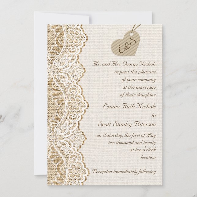Invitation Dentelle blanche et coeur en carton sur mariage bu (Devant)
