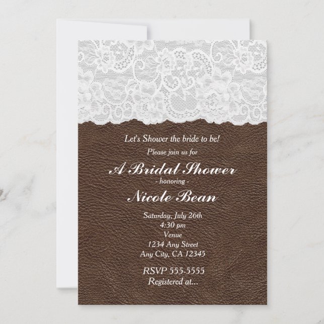 Invitation Dentelle blanche et Fête des mariées en cuir Brown (Devant)