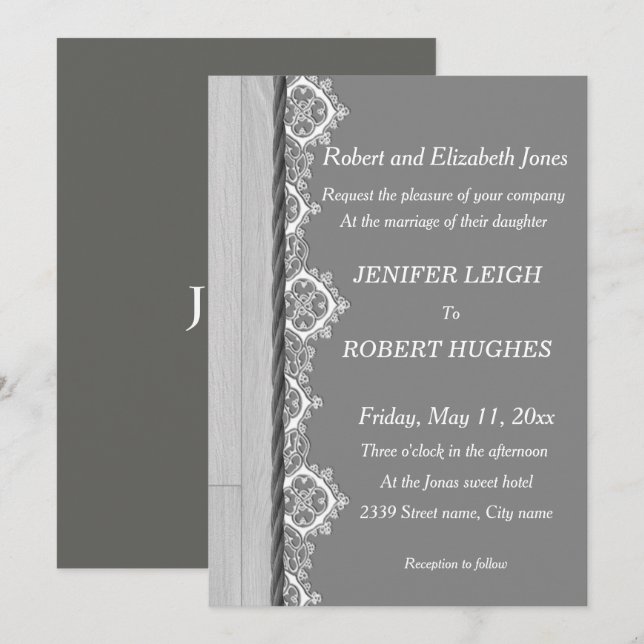 Invitation Dentelle blanche et mariage en bois rustique gris (Devant / Derrière)