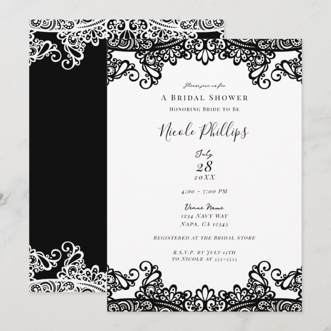 Invitation Dentelle blanche et noire Élégante Fête des mariée (Devant / Derrière)