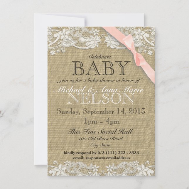 Invitation Dentelle blanche florale et Baby shower de la crou (Devant)