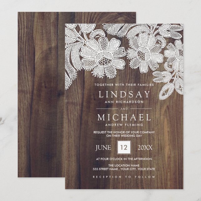 Invitation Dentelle blanche | Mariage en bois de grange (Devant / Derrière)