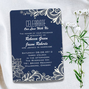 Invitation dentelle blanche moderne motif marine bleu mariage