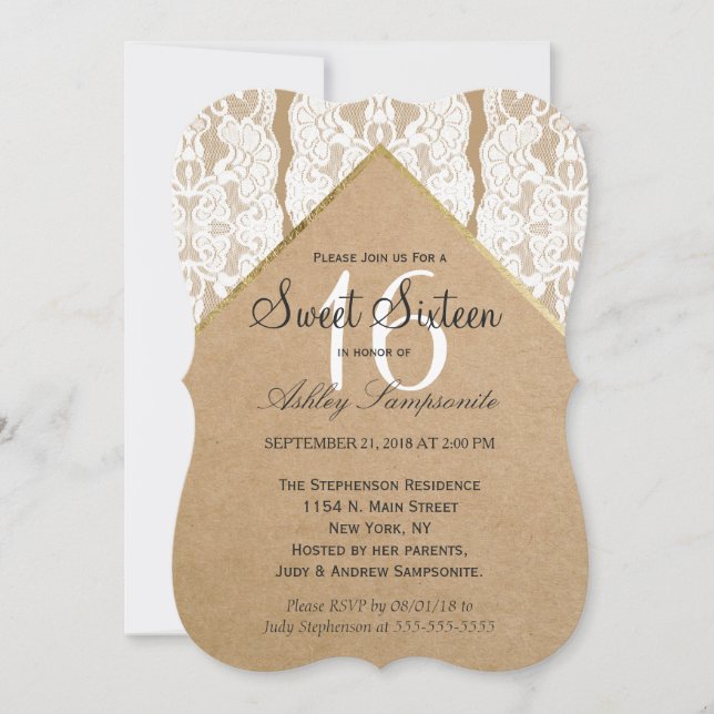 Invitation Dentelle blanche, or et papier Recyclé chic et cla (Devant)