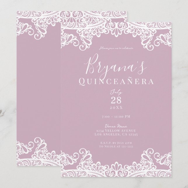 Invitation Dentelle blanche rose poussiéreuse Elégante Quince (Devant / Derrière)