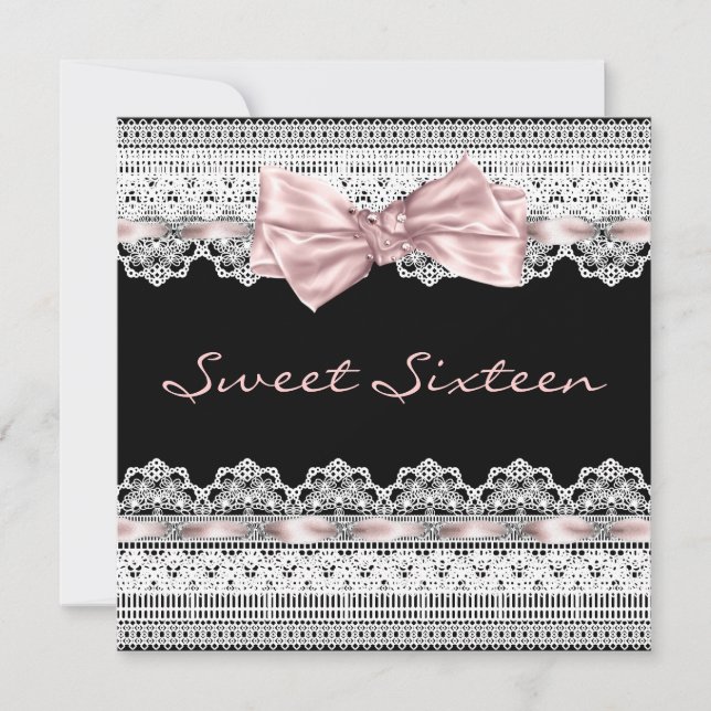 Invitation Dentelle blanche rose Sweet sixteen noir fête d'an (Devant)