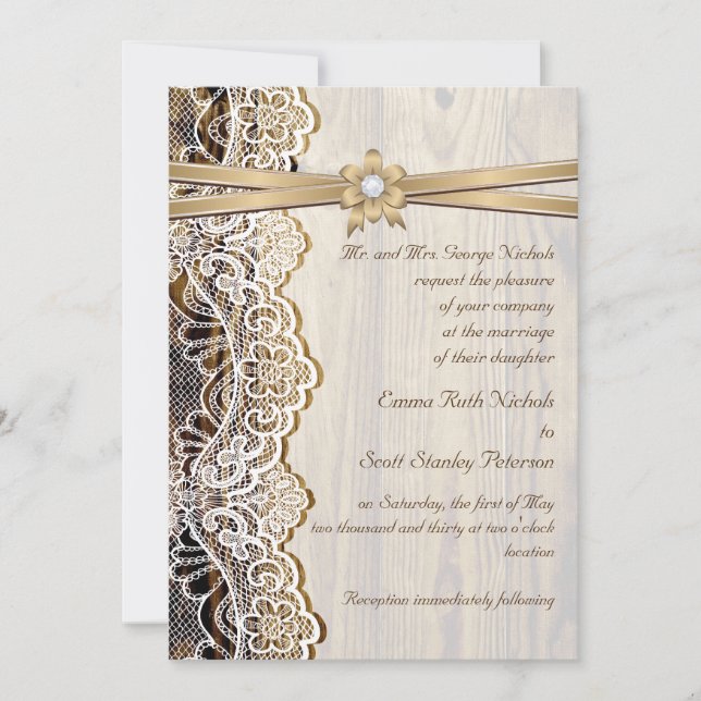 Invitation Dentelle blanche, ruban, fleur et mariage en bois (Devant)