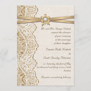 Invitation Dentelle blanche, ruban, fleur & mariage de burlap