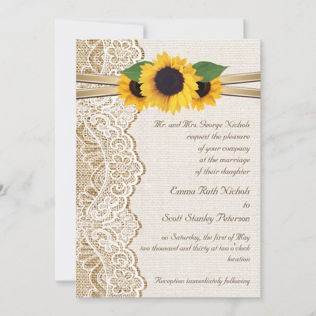Invitation Dentelle blanche, ruban & tournesol sur mariage bu (Devant)