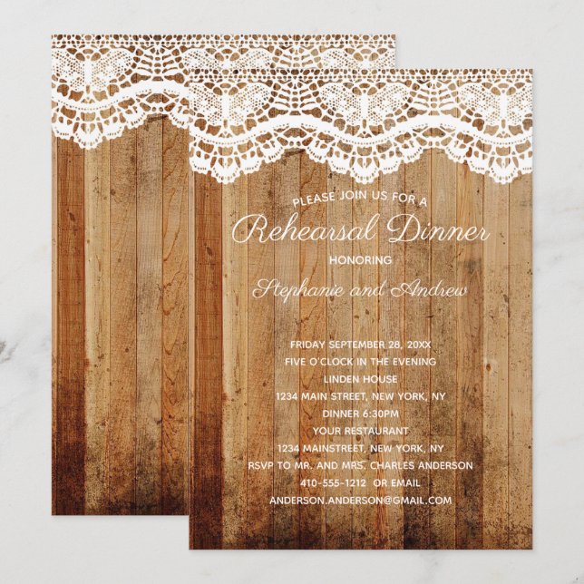 Invitation Dentelle blanche rustique en bois Dîner de répétit (Devant / Derrière)
