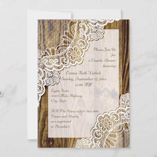 Invitation Dentelle blanche rustique sur bois mariage douche (Devant)