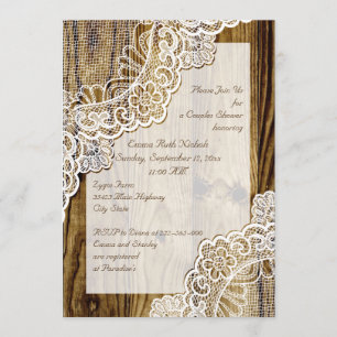 Invitation Dentelle blanche rustique sur bois mariage douche