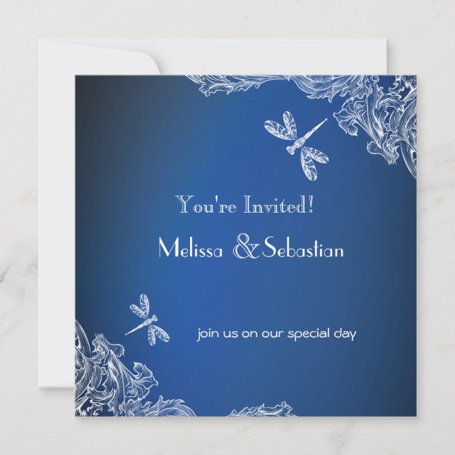 Invitation Dentelle blanche sur le Mariage Royal Blue Dragonf (Devant)
