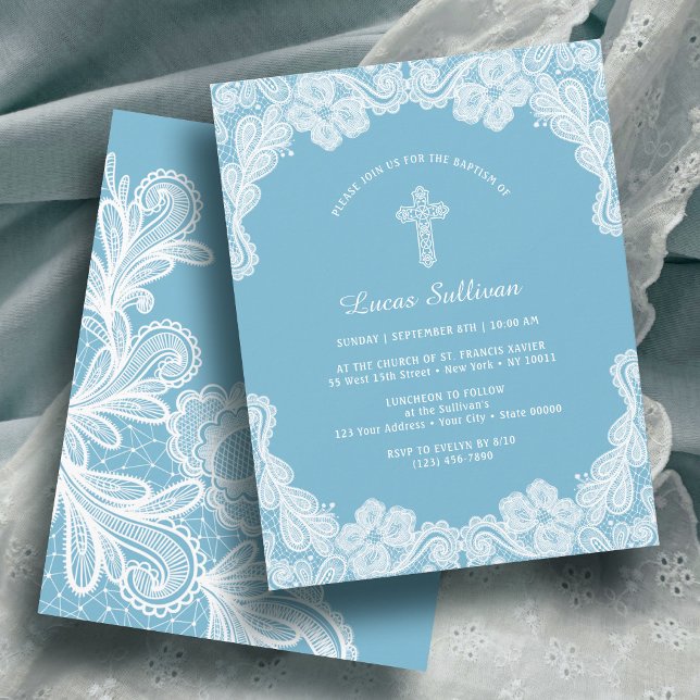 Invitation Dentelle blanche sur Pastel Baptême bleu Invitatio (Créateur téléchargé)