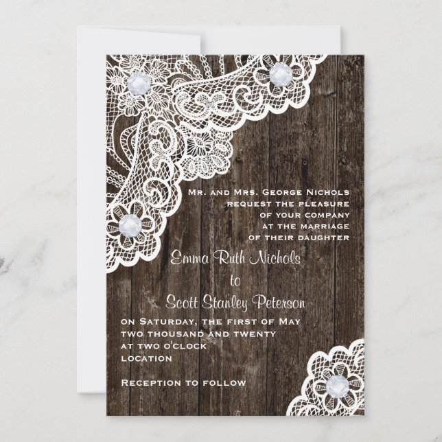 Invitation Dentelle blanche vintage sur mariage en bois ancie (Devant)