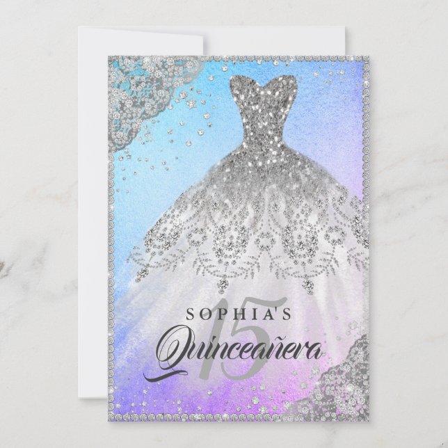 Invitation Dentelle bleu violet en diamant Étincelle Quincean (Devant)