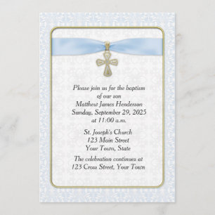 Invitation Dentelle bleue, Croix d'or, religieuse