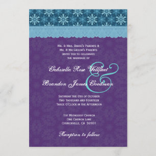Invitation Dentelle bleue d'Aqua de pourpre royal épousant V8