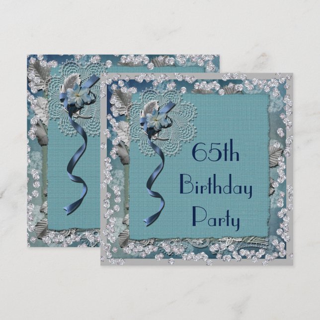 Invitation Dentelle bleue et diamants 65e anniversaire (Devant / Derrière)