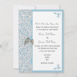 Invitation Dentelle bleue pastel et blanche mariage tradition