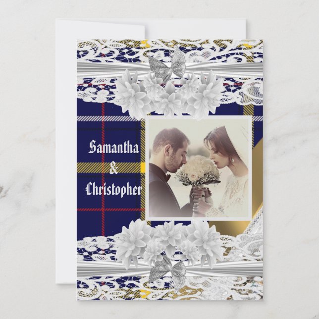 Invitation Dentelle bleue tartan plaid mariage photo invitati (Dos)